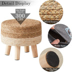 Cpintltr Foot Stool Natural Seagrass Hand Weave Poufs Round Ottoman for Couch Desk Soft Step Stool Padded Foot Rest with Non-Skid Pine Legs for Hallway Office Lounge Natural/White