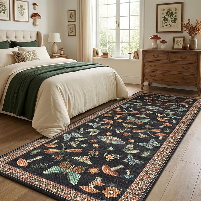 Mushroom 2x6 Runner Rug for Hallway Washable Kitchen Rugs Non Slip Low-Pile Whimsical Cottage Core Insect Bug Butterfly Funky Decor for Entryway Bathroom Bedroom Black Brown