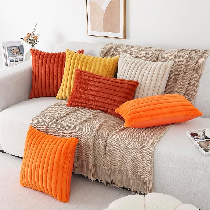 Pallene Faux Fur Plush Fall Throw Pillow Covers 18x18 Set of 2, Luxury Soft Fluffy Striped Decorative Pillow Covers for Sofa, Couch, Living Room, Rust