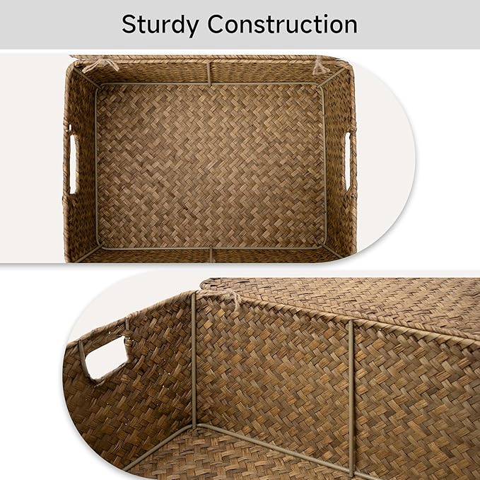 StorageWorks Wicker Baskets with Lid for Organizing, Seagrass Storage Baskets for Shelves, Decorative Box with Built-in Handles, Brown, Large, 1 Pack