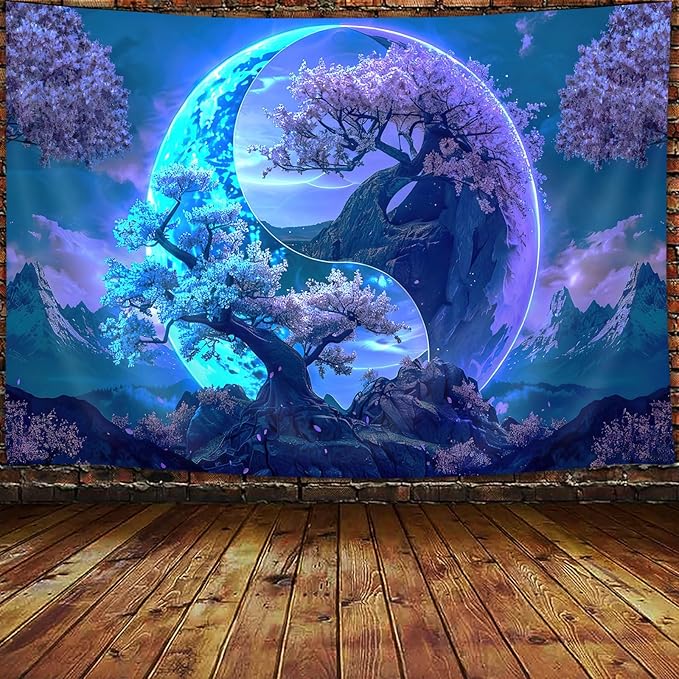 JAWO Tree Life Tapestry Aesthetic, Flowers Sun and Moon Art Tapestry Wall Hanging for Girls Bedroom, Cool Nature Galaxy Yin Yang Anime Tapestries Poster of Dorm Home Decor 60X40 Inches, Blue