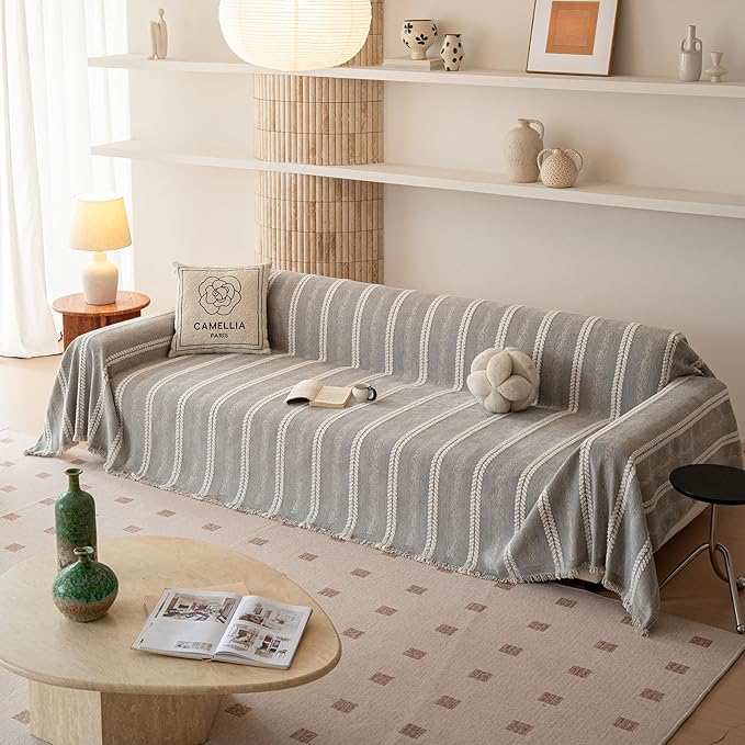 VClife Chenille Sofa Cover Bohemian Striped Pattern Couch Cover for 3 Cushion Sofa - Gray Creamy White Textured Sofa Slipcover Washable Furniture Protector for Couch Decorative Couch Cushion Cover