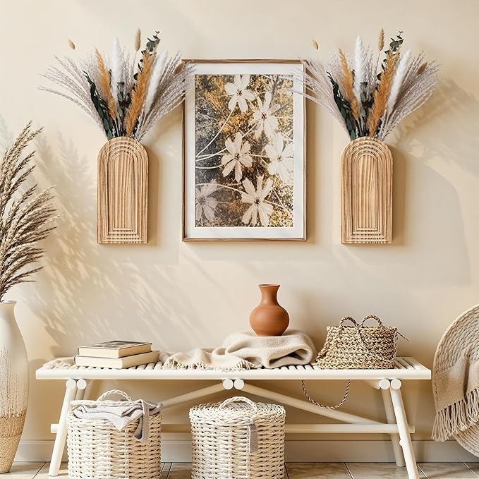DREAMLOOM 2 Pack Wooden Wall Vases with Dried Pampas Grass and Eucalyptus Plants, Wall Hanging Planters Boho Modern Farmhouse Indoor for Narrow Spaces Entryway Bathroom Home Office Decoration, Black