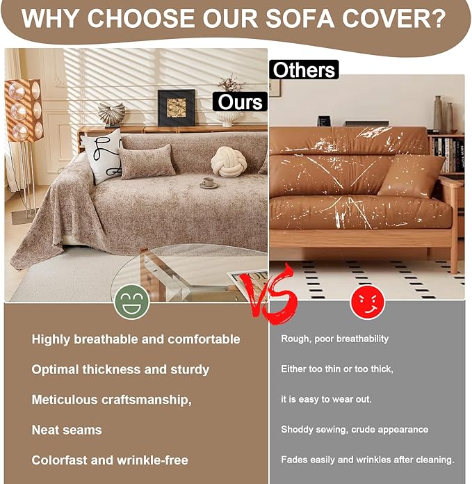 ROOMLIFE Boho Khaki Couch Cover for Dogs, Washable Non Slip Furniture Protector Couch Sofa Covers for 3 Cushion Couch, Soft Chenille Sofa Slipcovers Couch Cover Throw Blanket with Tassels 71''X134''