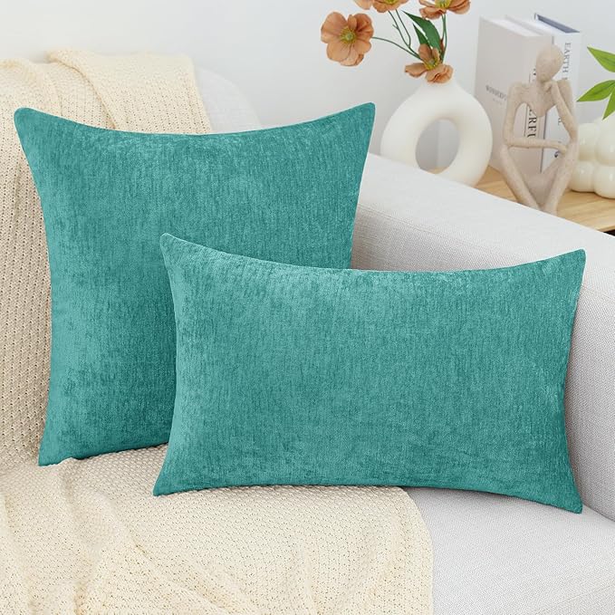 decorUhome Chenille Turquoise Spring Throw Pillow Covers 18x18 Inch Set of 2, Decorative Soft Couch Pillow Covers Solid Dyed Accent Farmhouse Neutral Square Pillow Cases for Sofa