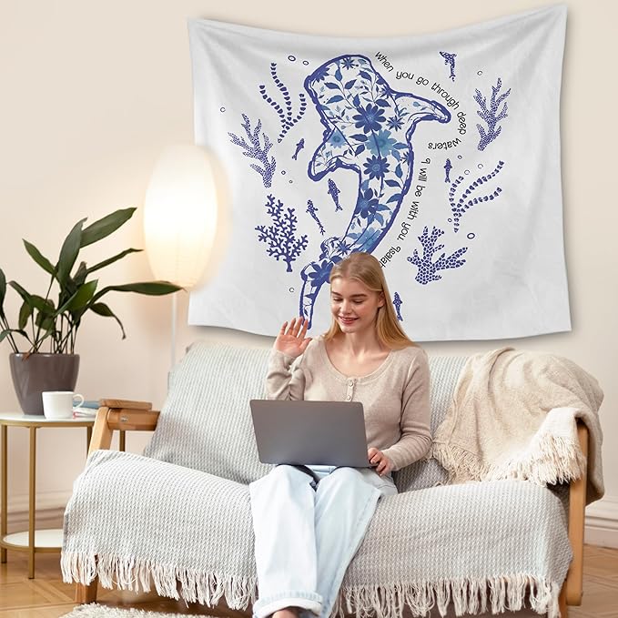 HUGANE Blue Whale Shark Ocean Christian Tapestry, Coastal Beach Sea Floral Coral Plant Wall Tapestries, Isaiah 43:2 Bible Verse Religious Hanging Wall Decor for Bedroom Beach House Cabin