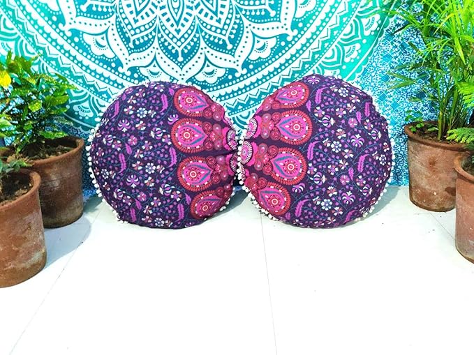 CRAFT KALA Mandala Floor Pillow Cushion Cover Seating Throw Cover Hippie Decorative Bohemian Ottoman Pouf Pom Pom Pillow Cases Boho Indian Cotton Living Room Home Décor 24" Round Set Of 2, Pink Mirchi