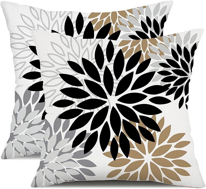 DFXSZ Black Brown Outdoor Pillow Covers 20x20 Inch Set of 2 White Gray Flower Throw Pillows Farmhouse Outdoor Modern Floral Polyester Square Cushion Case Decor for Patio Funiture Garden 002B20