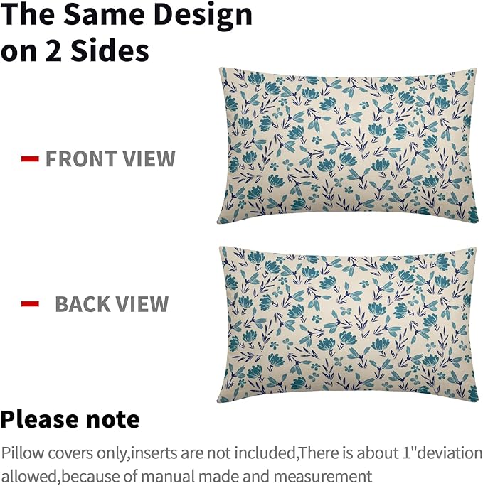 Navy Blue Teal Floral Pillow Covers 12x20 Set of 2 Vintage Rustic Old Style Cute Small Flower Print Rectangle Decorative Outdoor Pillowcases Farmhouse Throw Cushion Case Decor for Couch Sofa Bed