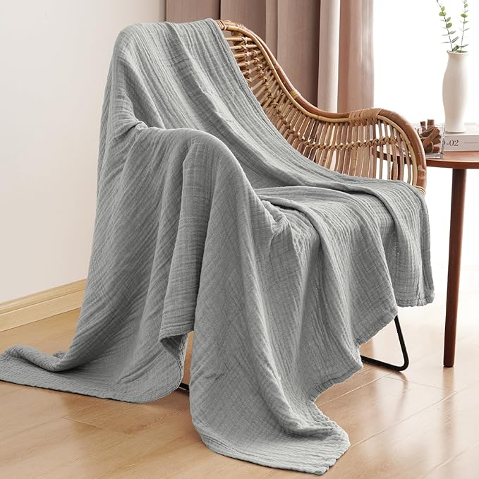PHF 100% Cotton Muslin Blanket Twin XL Size 66"x90", 4-Layer Lightweight Gauze Throw, Breathable Cloud-Soft Minimalist Blanket for Bed, Couch, Camping & Baby, Light Grey, Ideal Gift