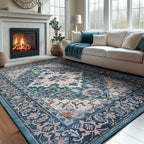 Lessymo Area Rug 5x7, Machine Washable Area Rugs, Super Soft Faux-Wool Area Rugs for Living Room Bedroom Kitchen, Boho Vintage Floral, Non-Slip Low Pile, Kid & Pet Friendly, Dark Green