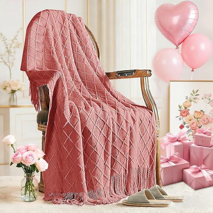 inhand Coral Pink Knitted Throw Blanket for Couch Bed, Mothers Day/Mom Birthday Gifts for Mom from Daughter Son, Soft Lightweight with Tassels, Farmhouse Warm Decorative Blanket for Women, 60"x80"