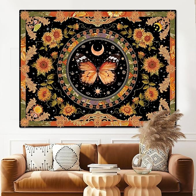 Accnicc Butterfly Floral Tapestry Vintage Indie Boho Flower Tapestries for Bedroom Aesthetic Retro Yellow Sunflower Moth Tapestry Wall Hanging for Dorm Living Room (48'' × 36'')