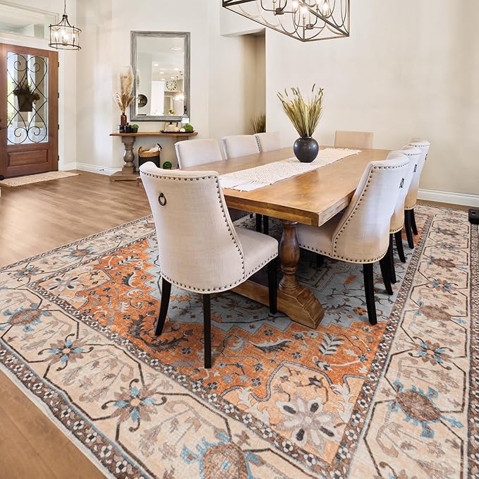 Lessymo 5x7 Area Rugs- Machine Washable Area Rugs, Super Soft Faux-Wool Area Rug for Living Room Bedroom, Boho Area Rug Vintage Floral Medallion Non-Slip Low Pile, Orange Beige