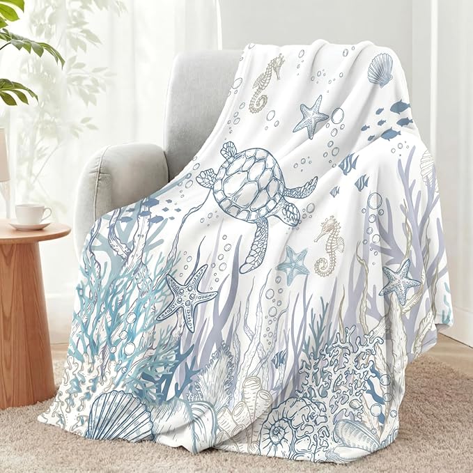 Coastal Sea Turtle Throw Blanket Nautical Beach Fleece Blanket Blue White Ocean Blankets for Couch Bed Tropical Cozy Soft Throw Decoration Warm Gift for Summer, 50 x 60 Inches