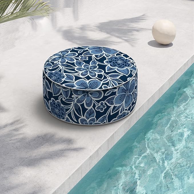 Indoor/Outdoor Inflatable Ottoman D21 x H9 inch, Round Footstool Inflatable Foot Rest Ottomans with Handle, Portable Ottoman Pouf for Patio, Garden, Camping, Home,Flower Navy