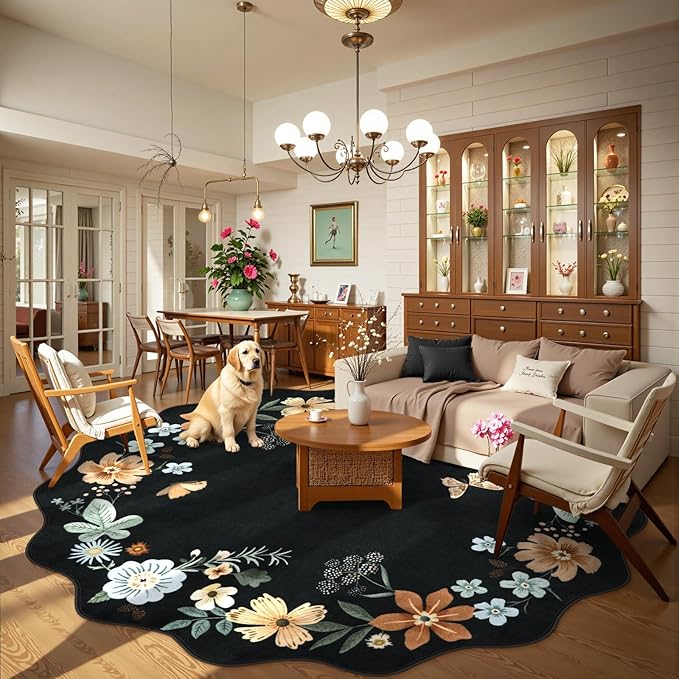 Lahome Floral Washable Round Area Rug, Soft Round Rugs 6ft Ultra-Thin Non-Slip, Boho Large Circle Carpet for Bedroom Living Room Kitchen Nursery Flore, Black/Grey