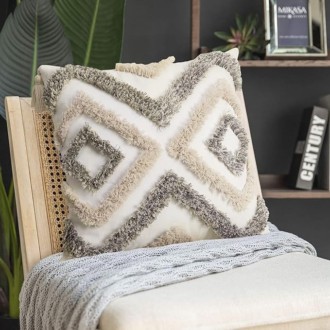 Merrycolor White Grey Boho Pillow Covers 20x20 with Tassels Tufted Decorative Gray Throw Pillows Neutral Modern Accent Pillowcase Farmhouse Square Cushion Covers for Couch Sofa Bedroom Living Room