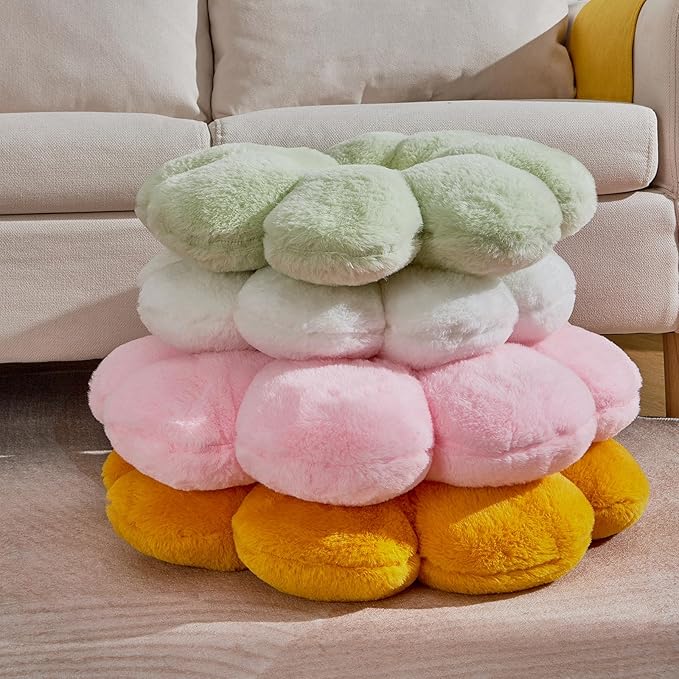 17.7" White Flower Pillow Decorative Throw Cushion – Plush Faux Rabbit Fur, Cute Girls Pillow for Bedroom & Dorm Decor