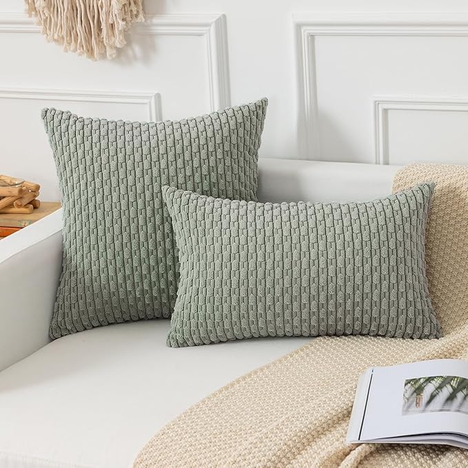 Kevin Textile 14x22 Inch Pillow Cover 1 Pack Boho Decorative Soft Striped Corduroy Lumbar Farmhouse Color Accent Rectangle Cushion Case for Living Room Couch Sofa Bed, Greyish Green