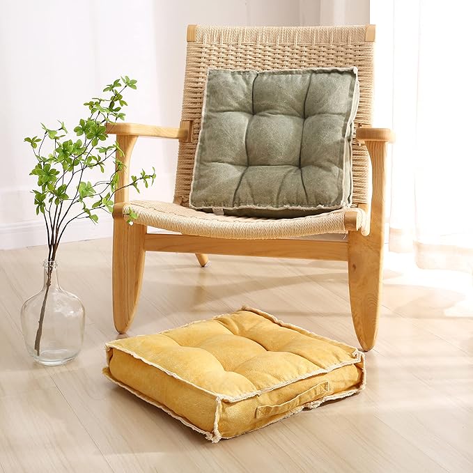 Verpert Square Thick Floor Seating Cushions,Solid Thick Tufted Cushion Meditation Pillow for Sitting on Floor,Tatami Pad for Guests or Kids Reading Nook, Yoga Living Room Sofa Balcony Outdoor(Yellow)