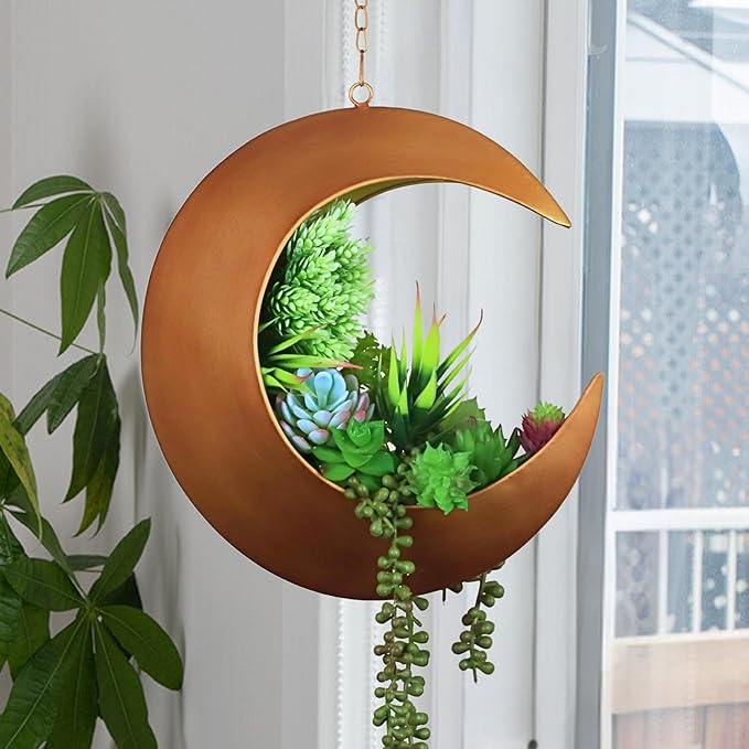 Hanging Crescent Moon Planter - Moon Room Decor - Unique Planters for Succulents, Air Plants, Cactus, Artificial Plants- Plant Lover Gifts - Boho, Hippie, Birthdays, Witchy Gifts for Women (Gold)