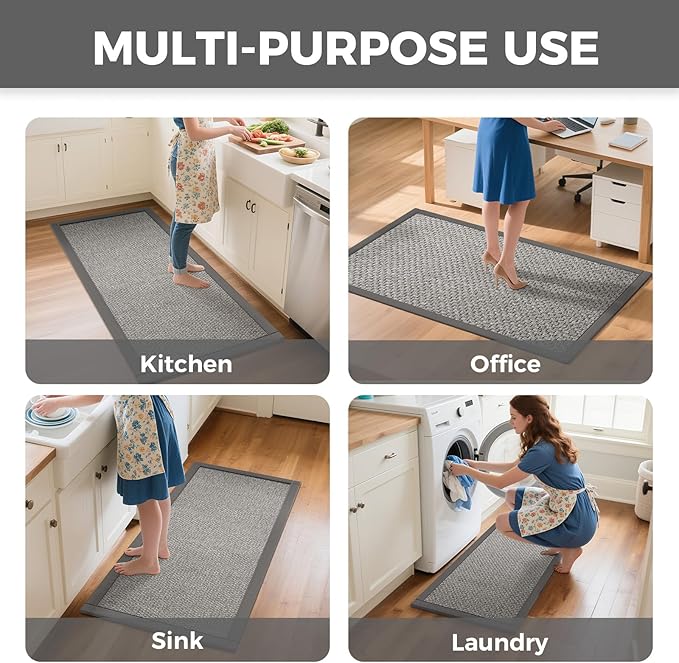 Kitchen Runner Rugs Non Slip Washable Anti Fatigue, Super Absorbent 0.4" Thick Cushioned Long Kitchen Mats for Floor, Jute-Look Sink Floor Mat Laundry Standing Mat, Easy Clean, Gray 17"x59"