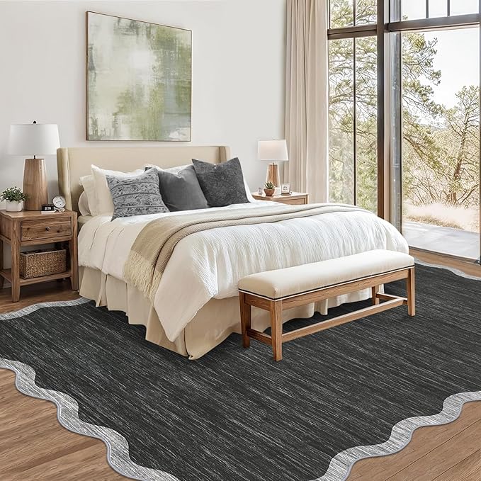 GarveeHome Scalloped Washable Area Rug 8x10 Rug for Living Room Modern Rug Non Slip Throw Rugs Large Rugs for Bedroom Low Pile Non Shedding Stain Resistant Carpet for Dining Room 8 ft x10 ft Black
