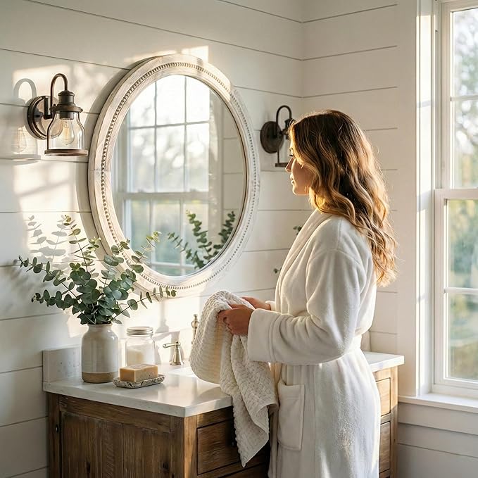 30" White Round Wood Mirror for Bathroom Vanity, Distressed Solid Wood Wall Mirror - French Country Beaded Circle Mirror for Coastal Bedroom & Nursery