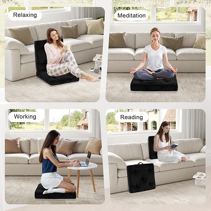 Floor Pillow Set of 2, 22x22 Tufted Floor Cushion for Adults, Square Large Meditation Cushion Pillow, Black Corduroy Sitting Pillow with Handle, Yoga Seating for Tatami