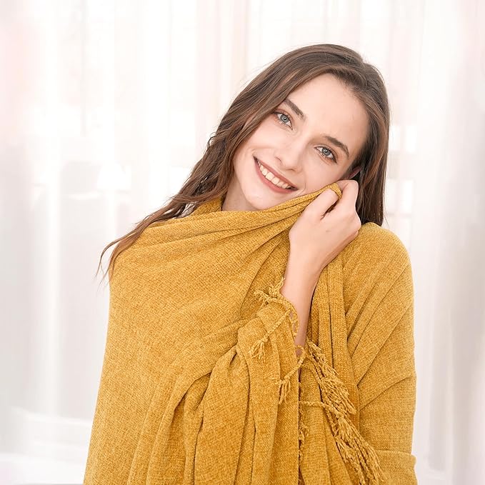 Chenille Throw Blanket for Couch with Tassels,60"X80" Soft Lightweight Knitted Boho Decorative Blankets for Bed and Sofa,Mustard Yellow