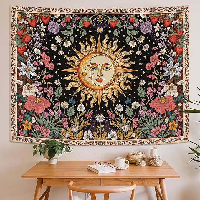 Accnicc Sun and Moon Tapestry Boho Vintage Floral Wall Tapestry for Bedroom Aesthetic Hippie Celestial Botanical Colorful Plant Small Tapestries Wall Hanging for Living Room Dorm 60 x 44 Inch