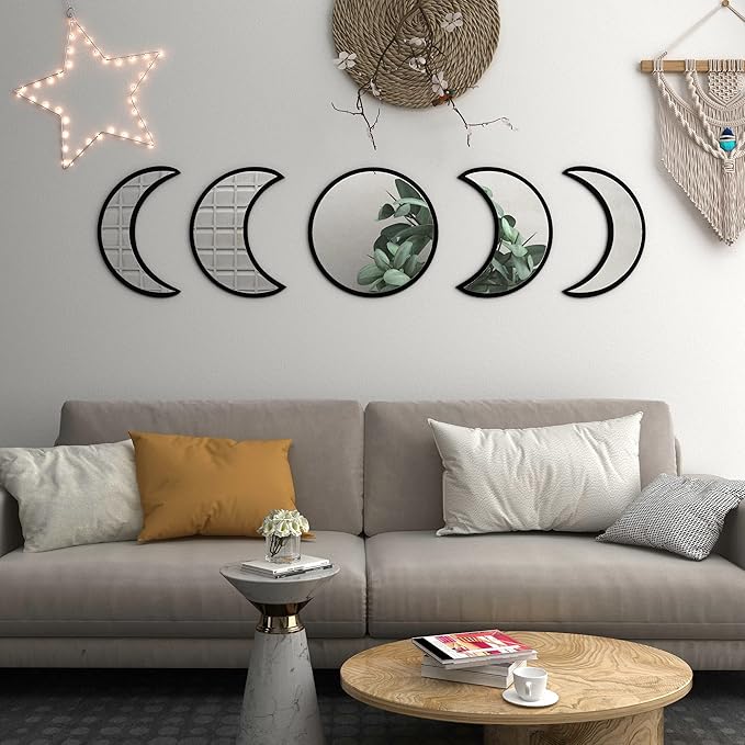 5-Piece Black Acrylic Moon Phase Wall Mirror Set - Shatterproof Safety Design, Easy Stick-On Installation, Boho Celestial Decor for Bedroom Living Room