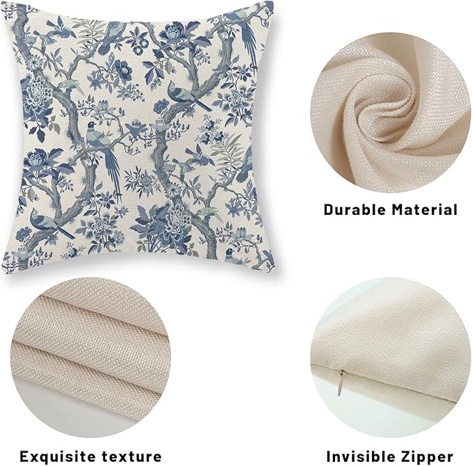 Chinoiserie Floral Birds Pillow Covers 18x18 Set of 2 Blue and Cream Spring Flower Decoratiove Pillowcase Vintage Outdoor Decor Throw Pillows for Couch Farmhouse Cushion Case for Home Sofa
