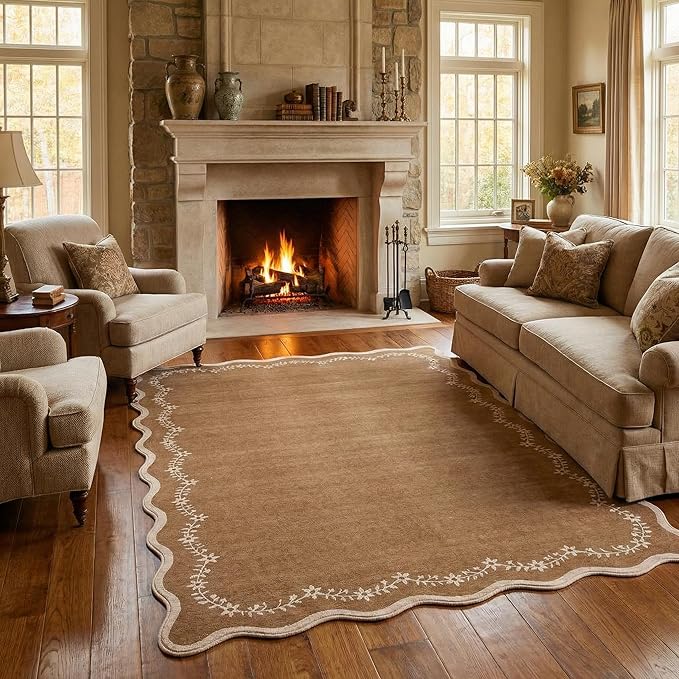 GarveeHome 5x7 Scalloped Area Rug Brown Washable Rugs for Living Room Bedroom, Soft Low Pile Non Slip Accent Floor Mat Solid Floral Print Throw Rug Farmhouse Indoor Carpet for Dorm Playroom
