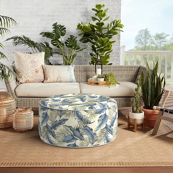 Indoor/Outdoor Inflatable Ottoman, Water Repellent Round Foot Rest Ottomans D31 x H14 inch, Portable Footstool for Patio Garden Camping or Home, Lush Palm Blue