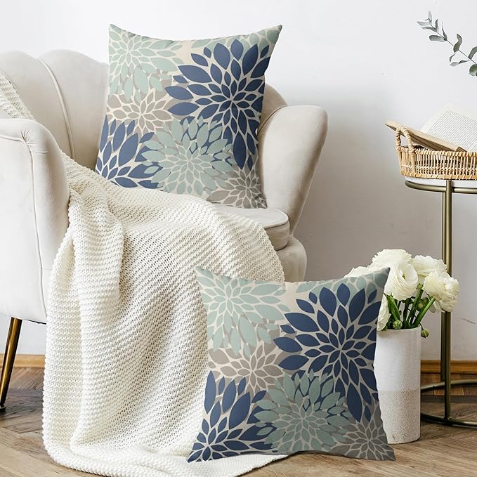 Blue Aqua Tan Pillow Covers 18X18 Inch Set of 2, Spring Summer Floral Dahlia Flower Cream Decorative Throw Pillow Covers Outdoor Modern Farmhouse Cushion Case for Home Couch Sofa Bed Decor