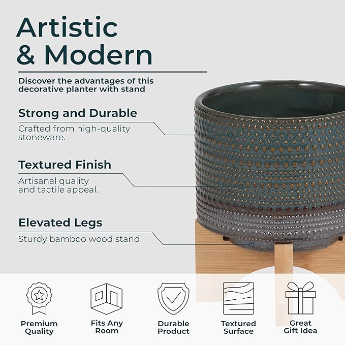 Dotted Decorative Planter Pot with Wood Stand – Ceramic Stoneware Outdoor & Indoor Plant Pot with Drainage Holes – Modern Garden & Home Decor Ceramic Planters & Bamboo Wood – 8", Sage Green