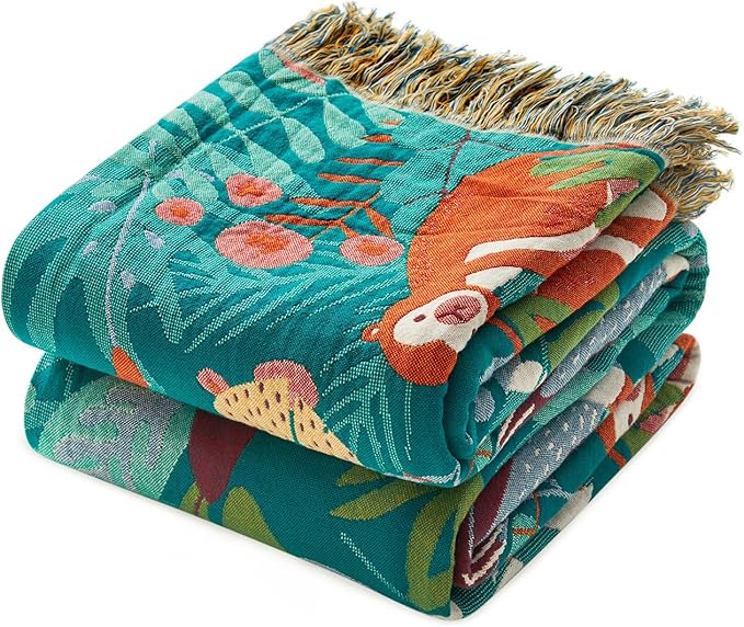 Throw Blanket for Couch Sofa Soft Cotton Spring Blankets for Bedroom Living Room All Season Reversible Forest Animals Whimsical Home Decor 50"x60" Breathable Throws