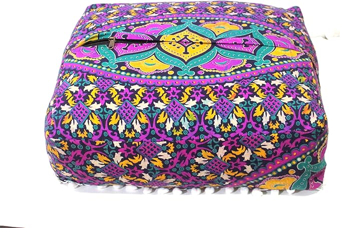 CRAFT KALA Large Hippie Mandala Meditation Floor Ottoman Pillow Cushion Pouf Cover Square Poufs Bohemian Circle Floor Cushion Case Outdoor Fireplace Yoga Living Room Decor Cover New Pink, 24" Square