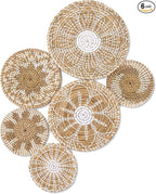 Boho Wall Basket Decor Set of 6 - Hanging Woven Basket Wall Decor, Handcrafted Round Flat Seagrass Baskets Wall Art, for Rustic、Farmhouse、Home - Unique Wicker Wall Basket Decor （White Classic）