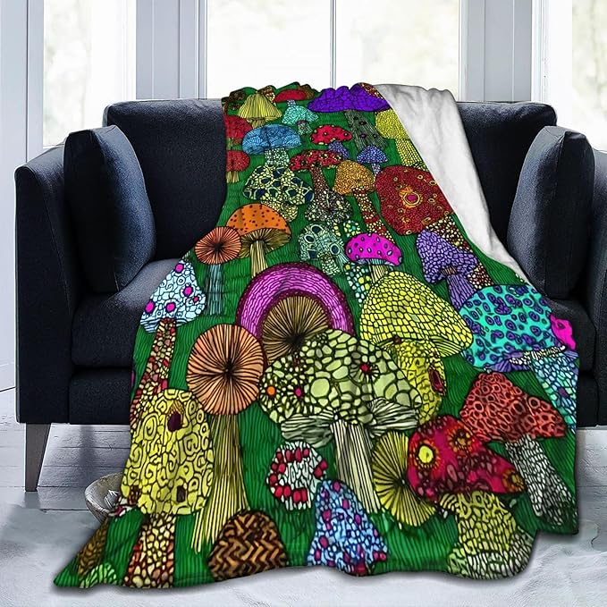 Colorful Mushroom Throw Blanket Soft Flannel Blanket 60"x50" in Bed Blanket Home Decor for Room Sofa Couch All Season