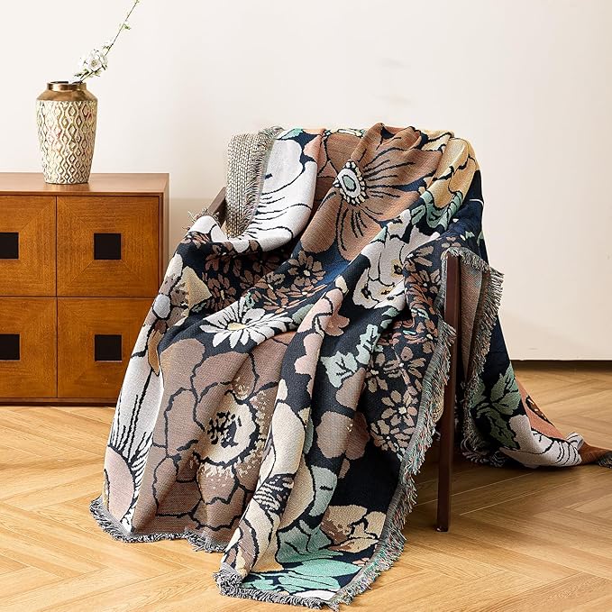 Boho Throw Blanket, 100% Handwoven Cotton Southwestern Farmhouse Floral Decor Reversible Blanket, All Season Throw for Sofa Bed Tapestry Outdoor Camping Picnic. 71″×134″