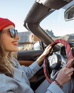 SEG Direct Boho Steering Wheel Cover with Baja Blanket Cloth, Ethnic Style Auto Wheel Cover Made of Coarse Flax, Fits 14 1/2-15 1/4 inches Car Wheel