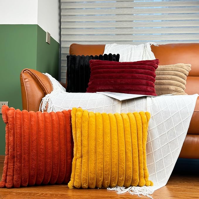 20x20 Throw Pillow Covers Set of 2, Decorative Faux Fur Covers for Bed, Couch Soft Fluffy Pillow Cover with Velvet Back for Living Room, Neutral Home Décor Accent for Sofa - Burnt Orange