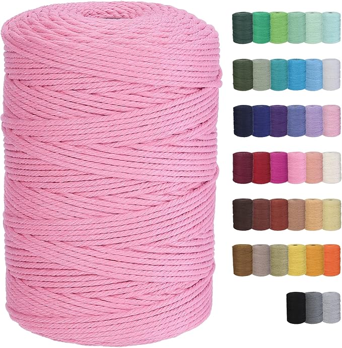 Cotton Macrame Cord 3mm 328yards Natural Colored Macrame Supplies, Soft Craft Cotton Rope for Plant Hanger Wall Hanger Dreamcatcher (Pink)