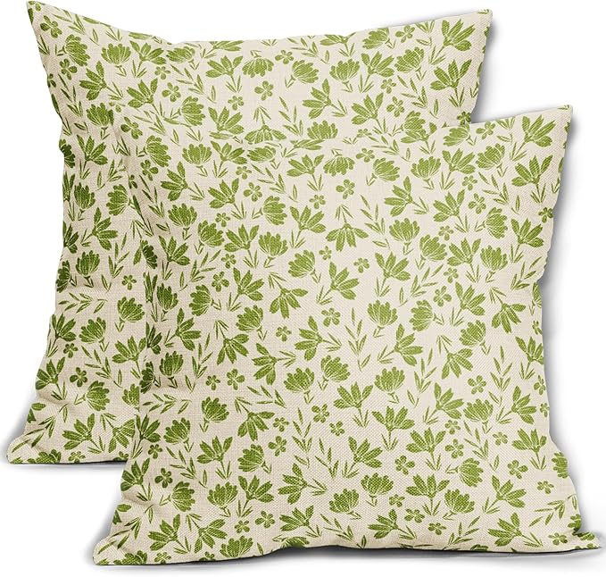 Lime Green Floral Pillow Covers 18x18 Set of 2 Vintage Rustic Old Style Cute Small Flower Green Cream Print Decorative Outdoor Pillowcases Farmhouse Throw Cushion Case Decor for Couch Sofa Bed