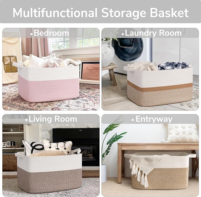 Goodpick Large Woven Blanket Basket 21.6" x 14.9" x 11.8" Storage Baskets for Organizing, Baby Laundry Hamper for Nursery Bedroom, Soft Toy Storage Baskets for Kids Girls, White & Pink