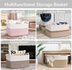 Goodpick Large Woven Blanket Basket 21.6" x 14.9" x 11.8" Storage Baskets for Organizing, Baby Laundry Hamper for Nursery Bedroom, Soft Toy Storage Baskets for Kids Girls, White & Pink