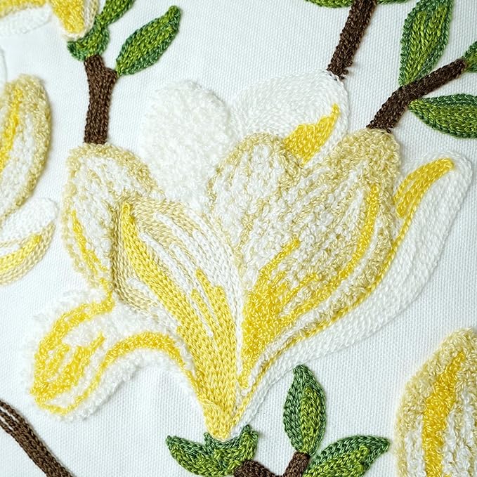 vctops Farmhouse Magnolia Flower Cotton Tufted Throw Pillow Cover Spring Floral Embroidery Pillowcase Soft Square Cushion Case for Sofa Couch Bed Chair (Yellow E,18"x18")
